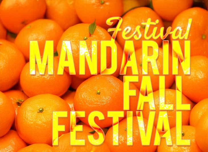 Bright mandarins stacked together with bold yellow text overlay that reads “Mandarin Fall Festival,” promoting the annual fall celebration in Jacksonville, Florida.